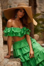 Tia Emerald Poplin Two Piece Set with Off-Shoulder Sleeves