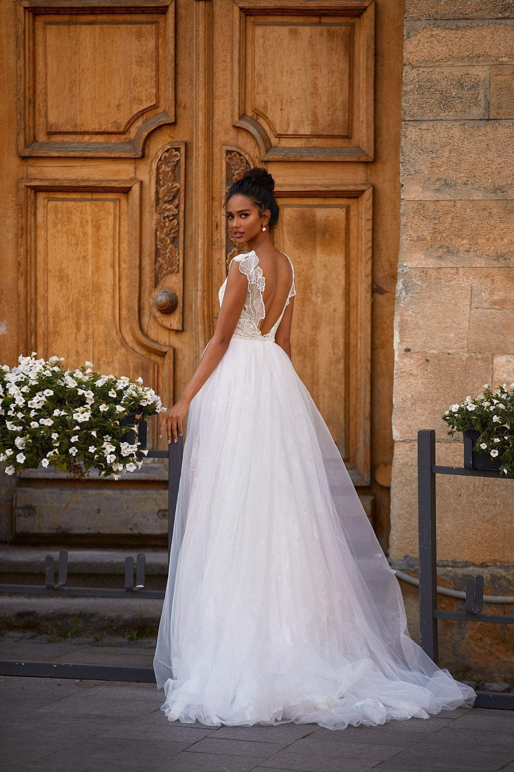 A&N Doreen - White Beaded Boho Bridal Backless A-line Tulle Gown