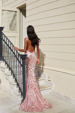 Mariana - Pink Patterned Backless Sequin Gown with V-Neck & Train