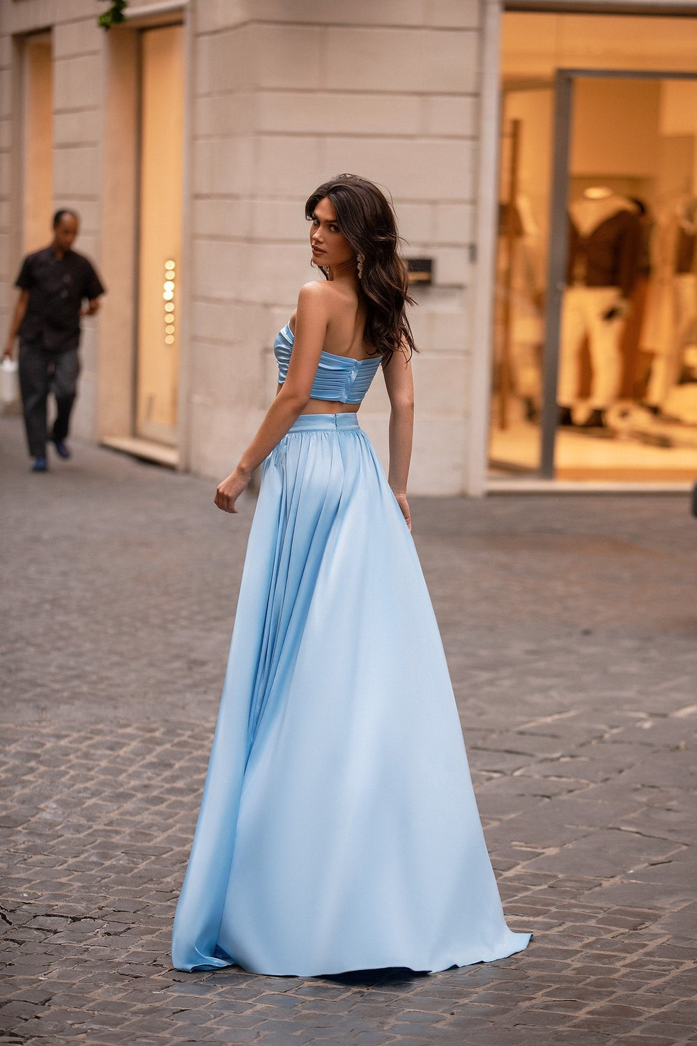 Tina - Sky Blue Satin Two Piece Gown with Slit & Knot Bust Detail