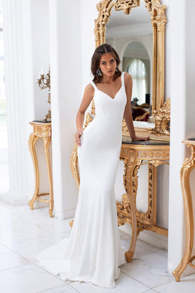 Celesta - White Mermaid Crepe Gown with V-neck and Train