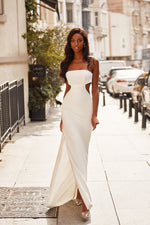 Arwen - White Strapless Ponti Gown with Waist Cut-Outs & Side Slit