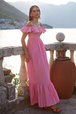 Halima Pink Poplin Maxi Dress with Frill Trim Bodice