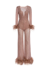 Maragaux - Nude Beaded Jumpsuit with Feathered Cuffs