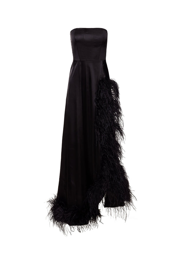 Scarlett - Black Feather Satin Gown | Afterpay | Zip Pay | Sezzle