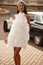 Clematis Dress - White Statement Feather Mini Backless Dress