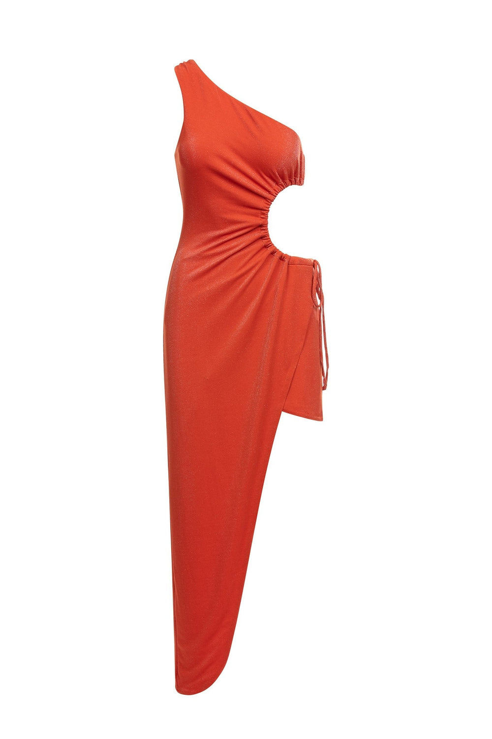 Antonia Dress - Shimmering Orange One Shoulder Midi Dress with Cut Out