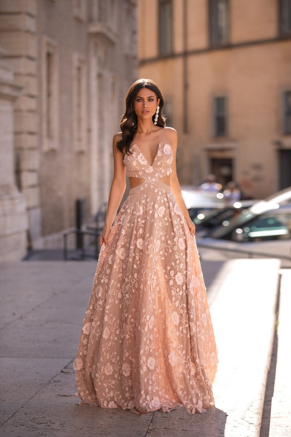 Fiorella - Dusty Pink Floral 3D Embellished Strapless A-Line Gown