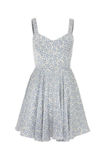 Lyna Blue Print A-Line Dress - Floral Mini with Lace-Up Back