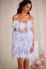 Paige Sky Blue Feather Strapless Mini Dress with Sheer Bodice