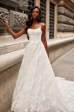 Haley Gown - White 3D A-Line Floral Tulle Bridal Gown with Long Train