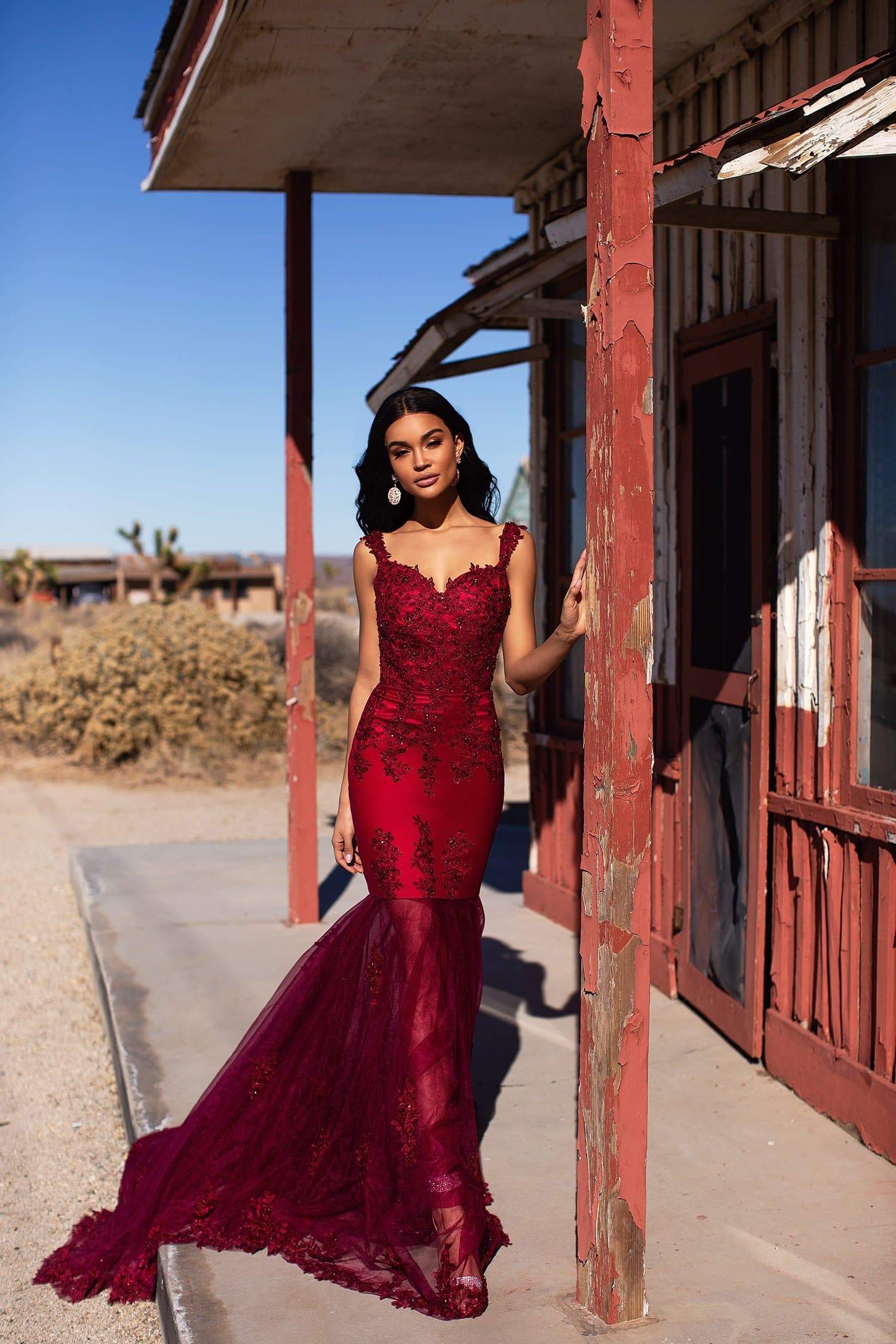 Rosalie Lace Beaded Mermaid Burgundy Gown  Alamour The Label
