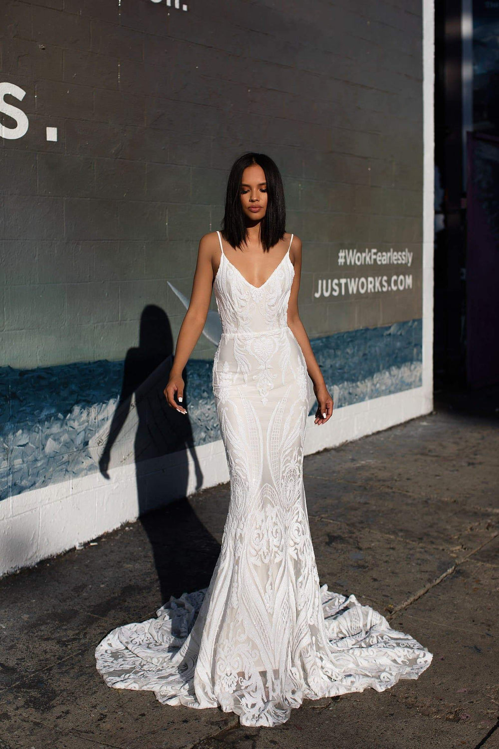 A&N Luxe Janice Gown - White Sequins Low Back Gown With Mermaid Train 