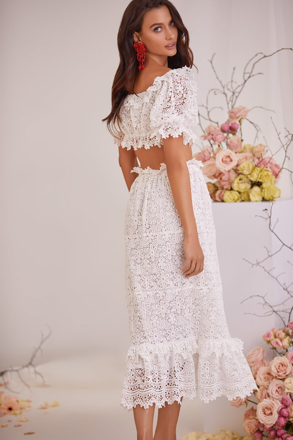 Mina White Lace Set with Off-Shoulder Sleeves