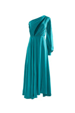 Naila Teal Satin Midi Dress with Single Long Sleeve