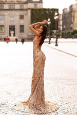 Agata - Gold Patterned Sequin Gown with Plunge Neck & Lace-Up Back