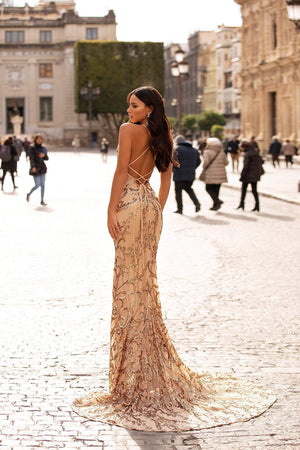 Agata - Gold Patterned Sequin Gown with Plunge Neck & Lace-Up Back