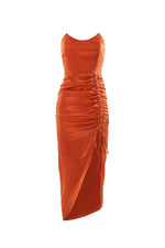 Novica Patterned Rust Satin Midi Dress with Side Slit