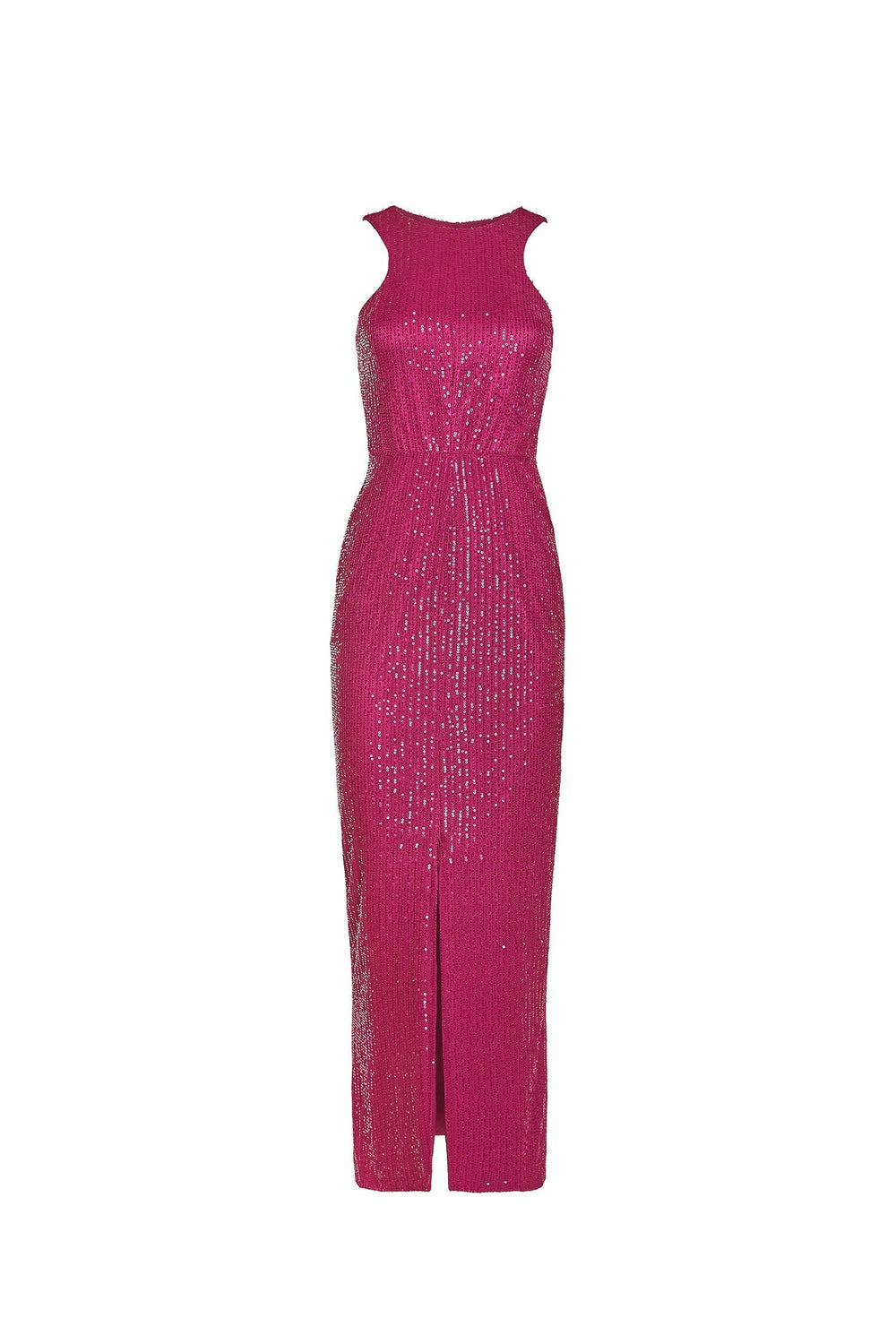Arielle Magenta Sequin Midi Dress with Racer Neckline and Open Back