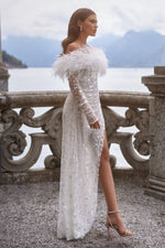 Claudette - White Gown with Off-Shoulder Feather Detail