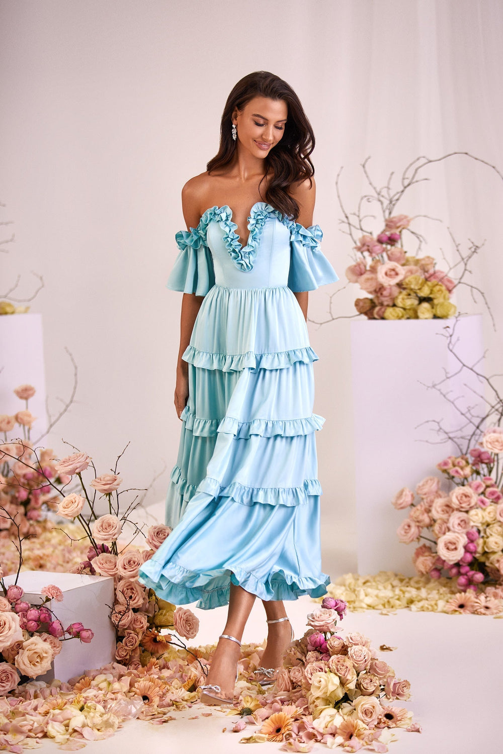 Belle Blue Satin Midi Dress with Off-Shoulder Sleeves