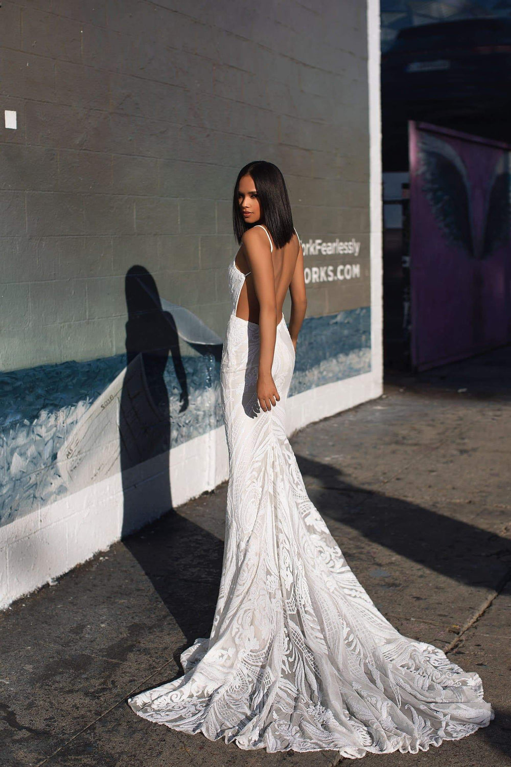 A&N Luxe Janice Gown - White Sequins Low Back Gown With Mermaid Train 