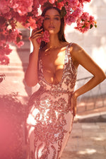 Arvin - Rose Gold Sequin Gown with Plunge Neckline