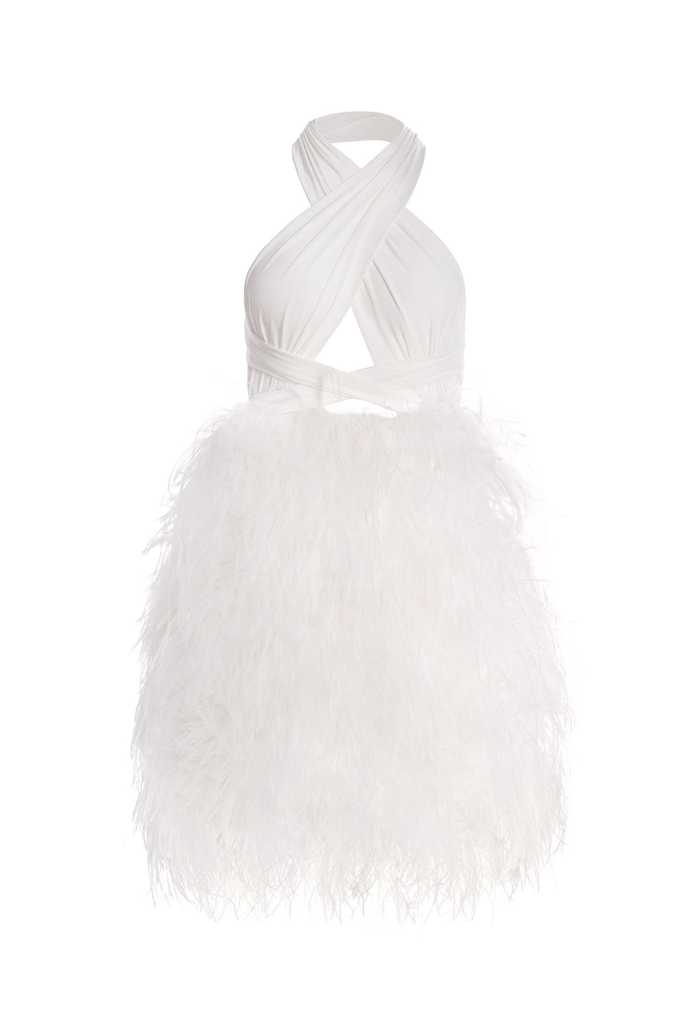 Niki - White Multiway Mini Dress with Feathered Skirt