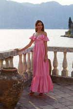 Halima Pink Poplin Maxi Dress with Frill Trim Bodice