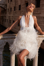 Niki - White Multiway Mini Dress with Feathered Skirt