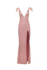 Zora - Pink Beaded Sequin Gown with Feather Trim Sleeves and Side Slit