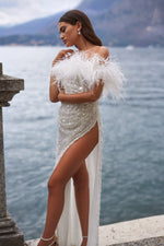 Claudette - White Gown with Off-Shoulder Feather Detail