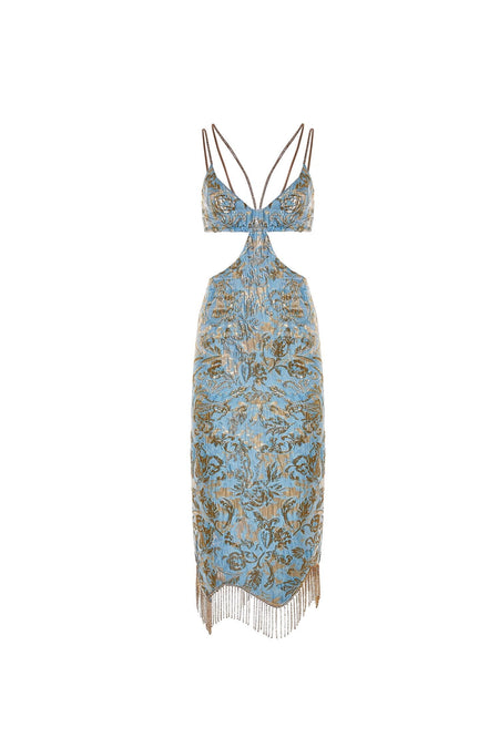 Lena Blue & Gold Jacquard Midi Dress | Afterpay | Zip Pay | Sezzle