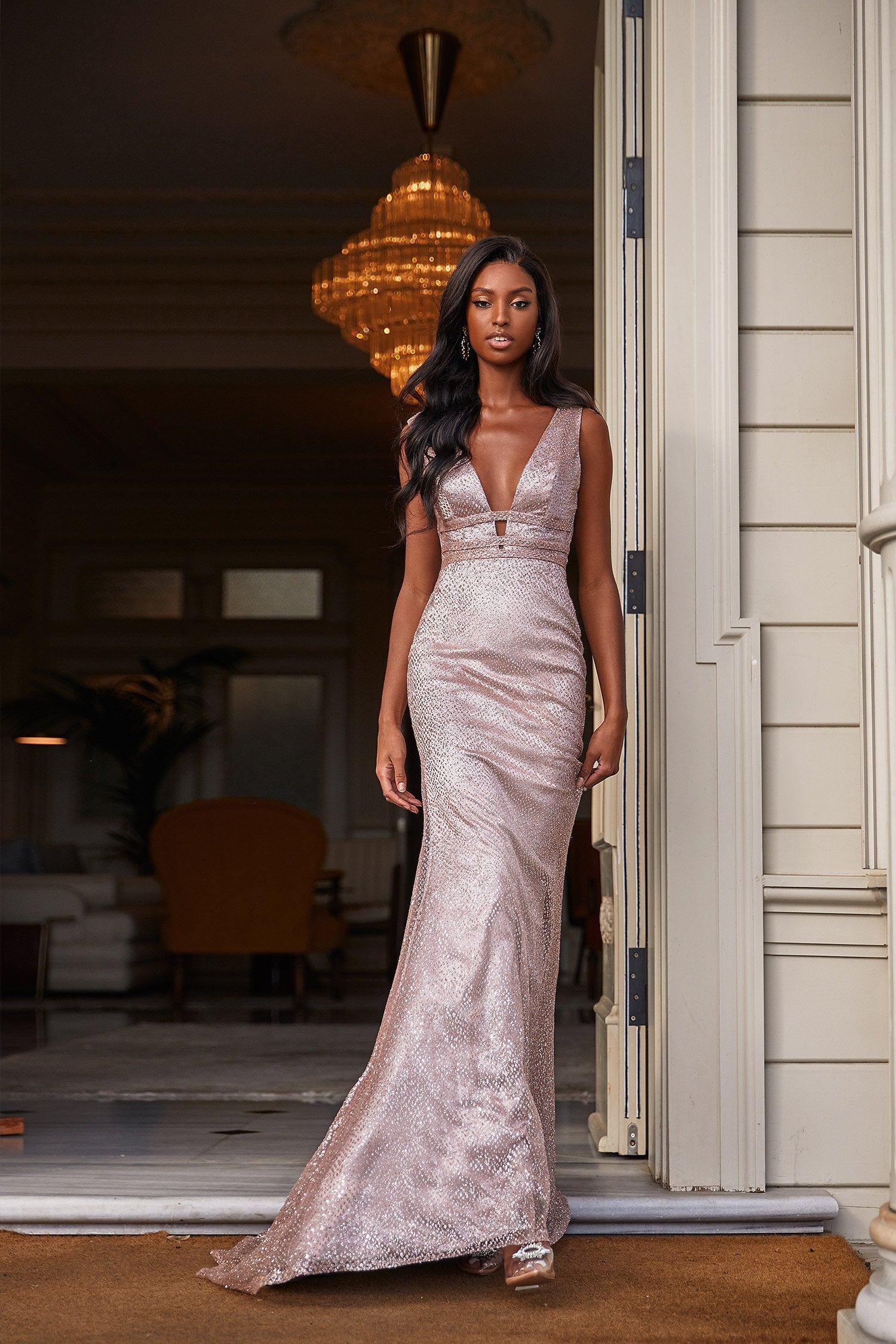 plunge neck formal dress Plunging V-Neck Halter Long Red / XSmall Coral Pink Aline Plunge Neck Prom Dress