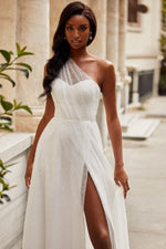 Leslie Gown - White One Shoulder Beaded A-Line Bridal Gown With Slit
