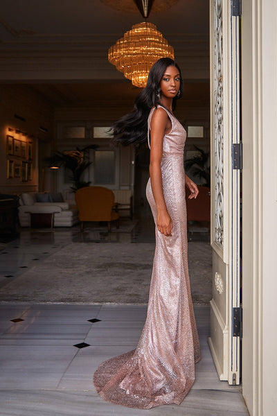 Sarai - Rose Gold Alamour The Label Sarai Rose Gold Glitter Gown | Afterpay | Zip Pay | Sezzle | Laybuy