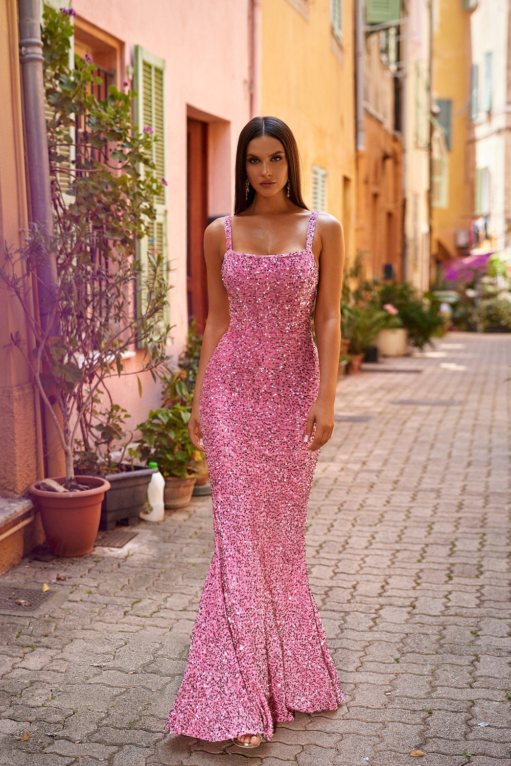 Jola - Pink Sequin Fitted Gown with Straight Neckline
