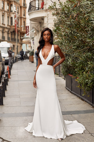 Catriane - White Alamour Made-To-Order Catriane White Plunge Neck Gown | Afterpay | Klarna | Zip Pay