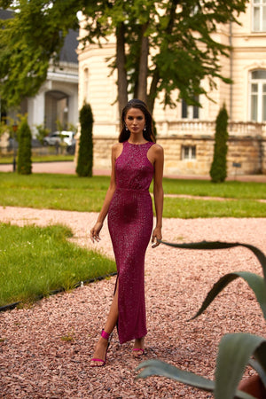 Arielle Magenta Sequin Midi Dress with Racer Neckline and Open Back