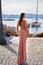 Blina - Strapless Pink Velvet Sequin Gown with Side Slit