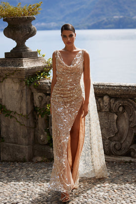 Priscilla - Gold Cowl Neck Beaded Gown with Back Cape
