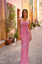 Jola - Pink Sequin Fitted Gown with Straight Neckline