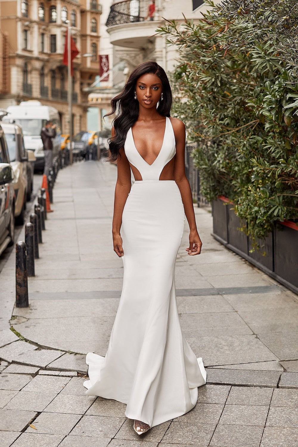 Catriane - White Plunge Neck Gown with Waist Cut-Outs & Tie-Up Back