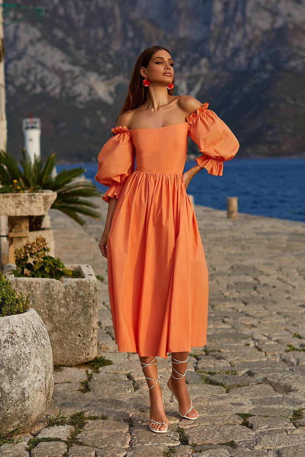 Adara Orange Poplin Off-Shoulder Midi Dress with Side Slit