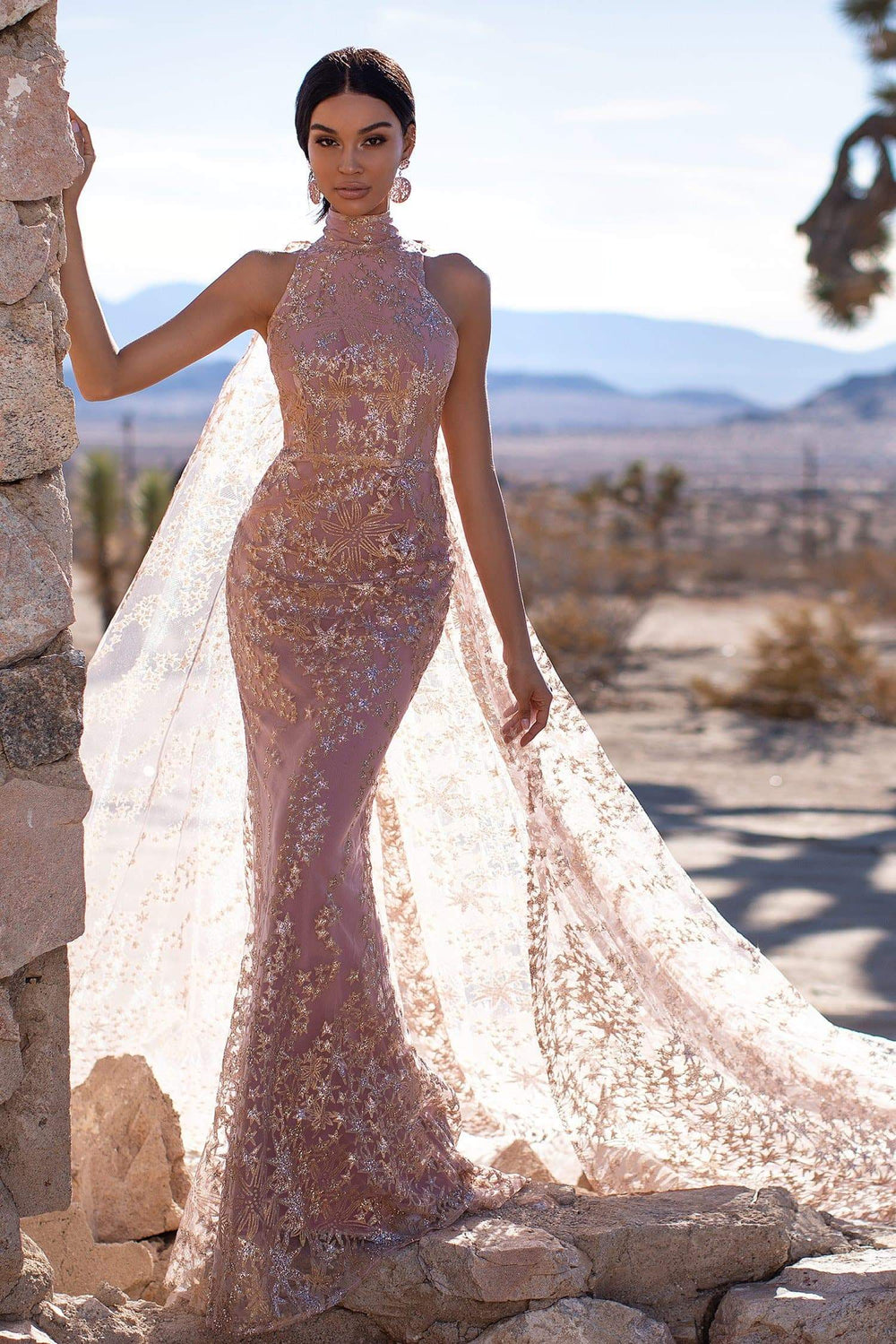 A&N Luxe Tyra -High Neck Rose Gold Glitter Cape Gown with Mermaid Train