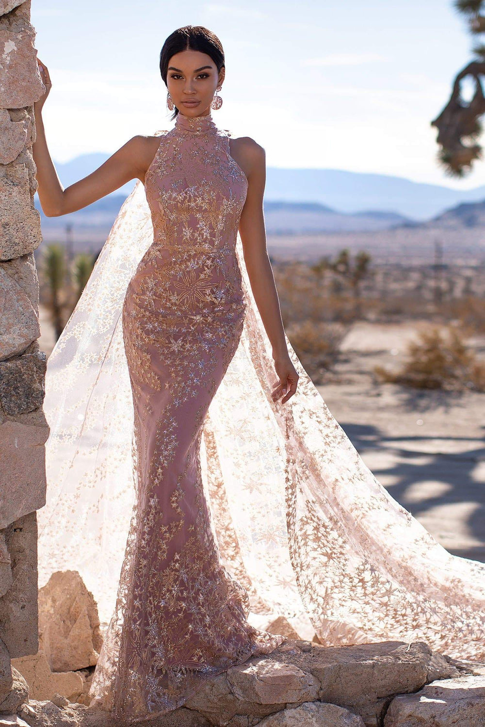 Tyra Glitter Cape Gown - Rose Gold Tyra Glitter Cape Gown - Rose Gold