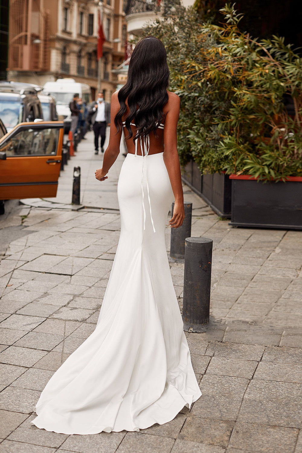 Catriane - White Plunge Neck Gown with Waist Cut-Outs & Tie-Up Back