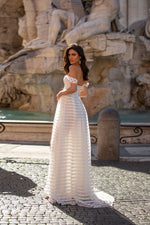 Sandy - White Striped Off-Shoulder Gown With Side Slit