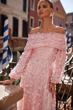 Noorain - Pink Midi Dress with Off-Shoulder Sleeves