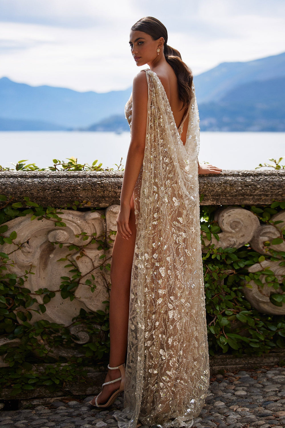 Priscilla - Gold Cowl Neck Beaded Gown with Back Cape
